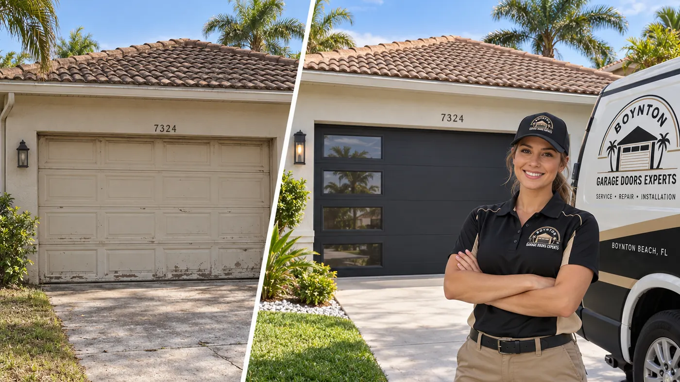 Before and after: a worn beige garage door, and the same Boynton home with a new black wind-rated door with glass windows and the technician beside the van