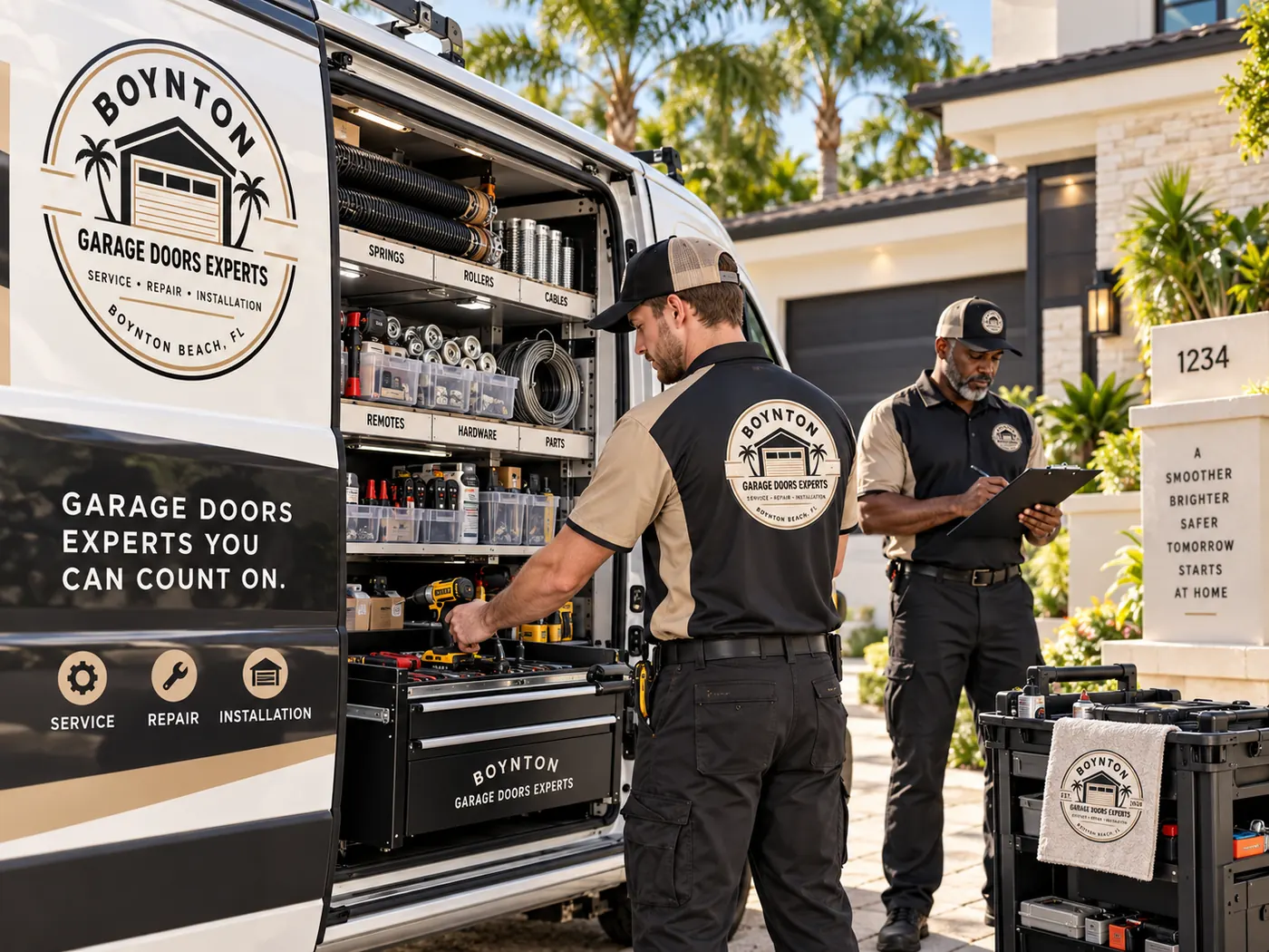 Boynton Garage Doors Experts van with shelves labeled springs, rollers, cables and remotes, two technicians working in the driveway