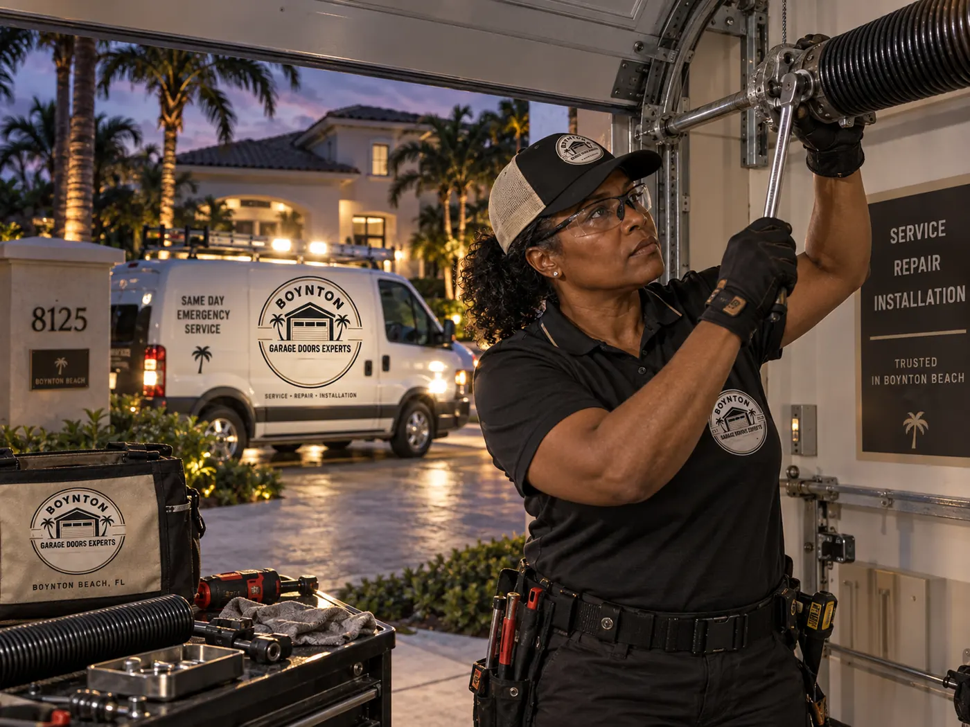 Boynton Garage Doors Experts technician adjusting a torsion spring at night, the company van parked in the lit driveway