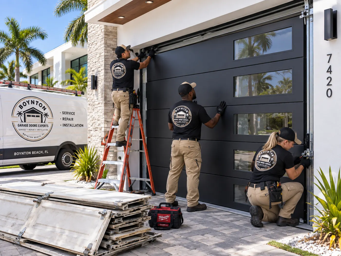 Three Boynton Garage Doors Experts technicians installing panels on a modern black garage door