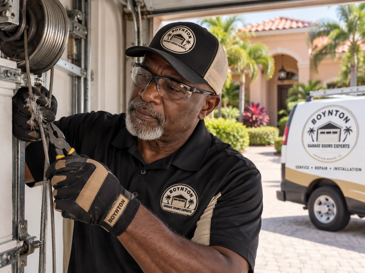 Senior Boynton Garage Doors Experts technician in uniform replacing a lift cable