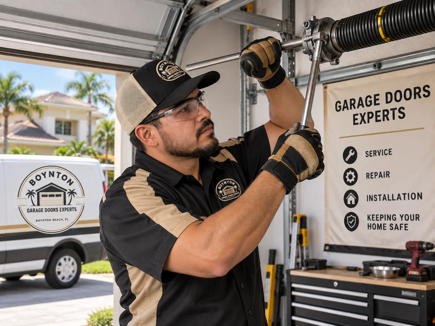 Technician in a Boynton Garage Doors Experts cap winding a torsion spring above a garage door with a winding bar