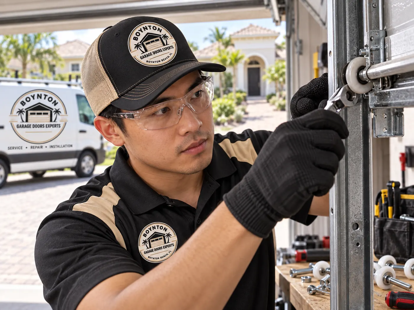 Technician with safety glasses working on a garage door roller